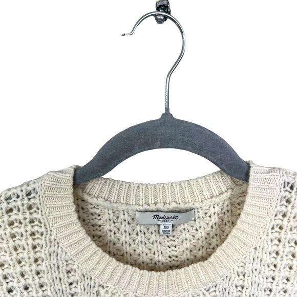 Madewell Womens Wool Sweater Cable Knit Crew Neck Plaid Hi Low Hem Cream Size XS - Picture 3 of 5